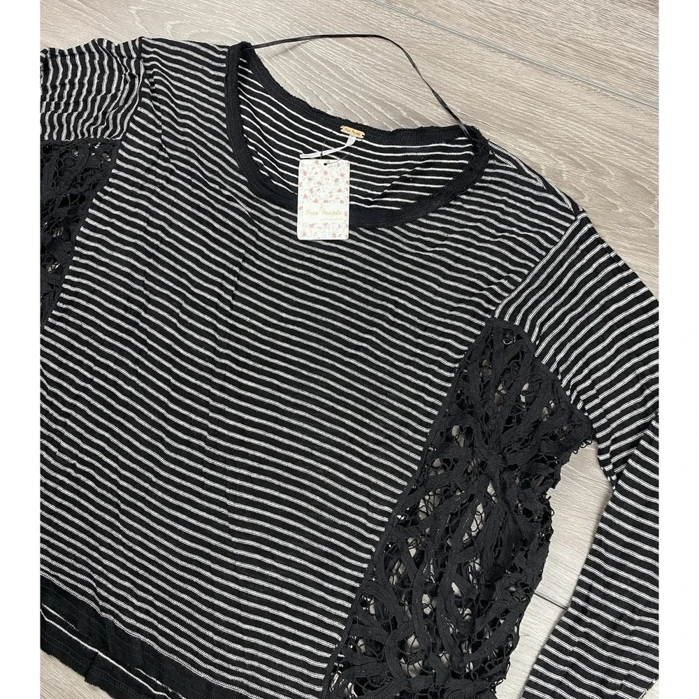 Free People Women's‎ Love Me Do Striped Linen Blend Pullover Side Lace Top M New